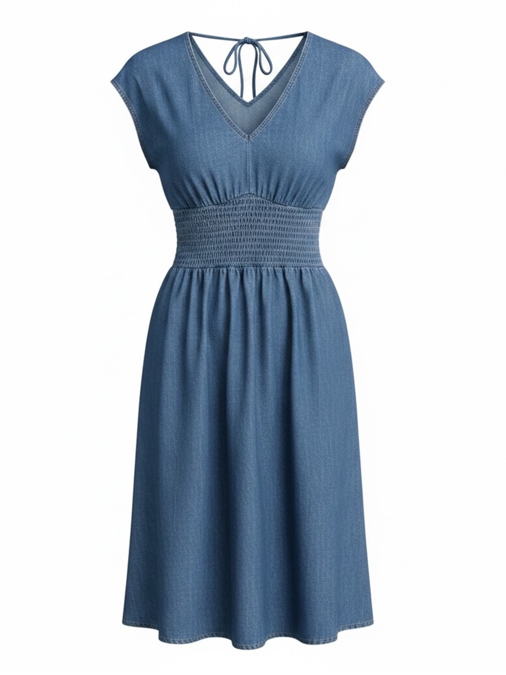 Old Navy Women’s Chambray Dress NWT Smocked Waist Tie Back Cap Sleeve Blue Small